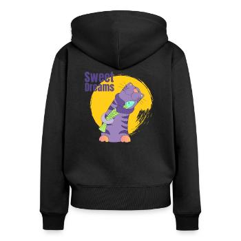chat mignon miaou rayures violettes cadeau animal - Sweat à capuche zippé Premium bio Femme - noir - Dos - Julia (174cm)