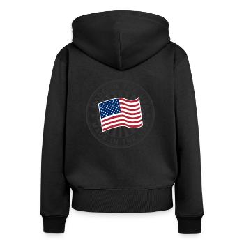 Hergestellt in den USA - Frauen Premium Bio Zip Hoodie - Schwarz - Hinten - Julia (174cm)