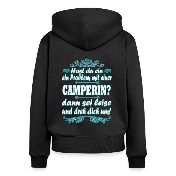 Campen - Frauen Premium Bio Zip Hoodie - Schwarz - Hinten - Julia (174cm)
