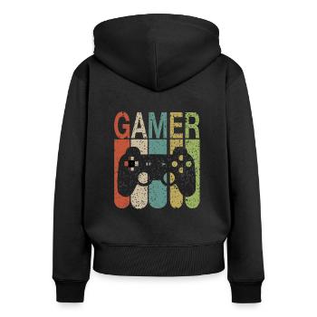 Gamer - nerd - gaming -nerdy - Geschenk Gaming - Frauen Premium Bio Zip Hoodie - Schwarz - Hinten - Julia (174cm)