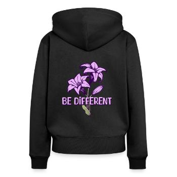 BE DIFFERENT - Jardin de fleurs de lys violets - Sweat à capuche zippé Premium bio Femme - noir - Dos - Julia (174cm)