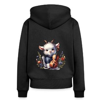 Cute goat playing cello on farm - Women's Premium Organic Zip Hoodie - black - Back - Julia (174cm)