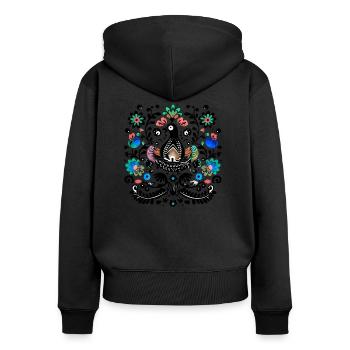 L'oiseau vintage noir - Sweat à capuche zippé Premium bio Femme - noir - Dos - Julia (174cm)