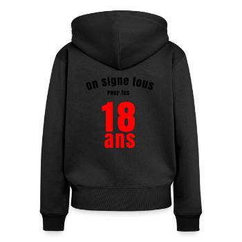 On signe tous pour tes 18 ans - Cadeau 18 ans - Sweat à capuche zippé Premium bio Femme - noir - Dos - Julia (174cm)