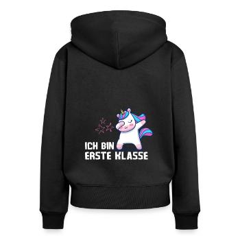 Ich bin erste Klasse Einhorn Einschulung - Frauen Premium Bio Zip Hoodie - Schwarz - Hinten - Julia (174cm)