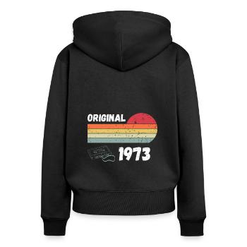 Cassette rétro originale de 1973 50e anniversaire - Sweat à capuche zippé Premium bio Femme - noir - Dos - Julia (174cm)