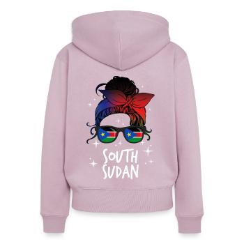 Sud Soudan - Sweat à capuche zippé Premium bio Femme - rose poudré - Dos - Julia (174cm)