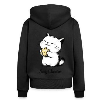 Say Cheese Cat Eats Cheese Please Smile Drawing - Women's Premium Organic Zip Hoodie - black - Back - Julia (174cm)