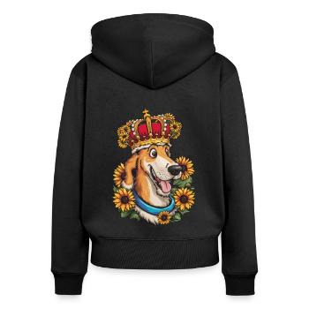 Irischer Wolfshund, Krone und Sonnenblumen - Frauen Premium Bio Zip Hoodie - Schwarz - Hinten - Julia (174cm)