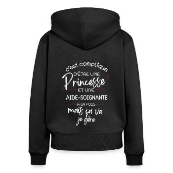 T-shirt Princesse Aide Soignante - cadeau drôle - Sweat à capuche zippé Premium bio Femme - noir - Dos - Julia (174cm)