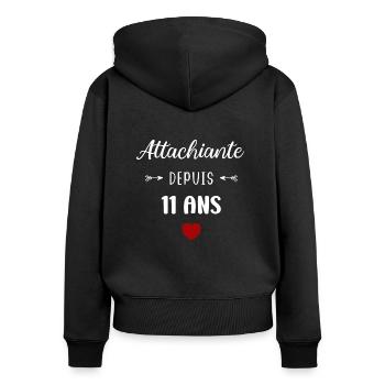 Attachiante depuis 11 ans - Sweat à capuche zippé Premium bio Femme - noir - Dos - Julia (174cm)