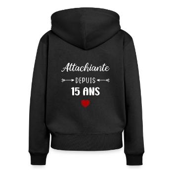 Attachiante depuis 15 ans - Sweat à capuche zippé Premium bio Femme - noir - Dos - Julia (174cm)