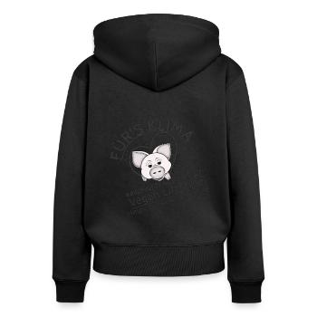Schweinchen Vegan Klima SabineVegan HerzAufShirt - Frauen Premium Bio Zip Hoodie - Schwarz - Hinten - Julia (174cm)