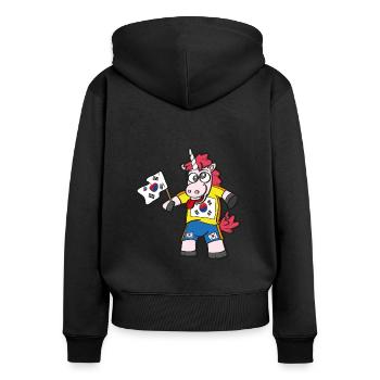 Licorne folle sud-coréenne - Sweat à capuche zippé Premium bio Femme - noir - Dos - Julia (174cm)