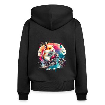 Motard hamster cool sur le design du chopper - Sweat à capuche zippé Premium bio Femme - noir - Dos - Julia (174cm)
