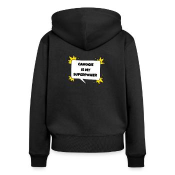 Camogie ist meine Supermacht - Frauen Premium Bio Zip Hoodie - Schwarz - Hinten - Julia (174cm)