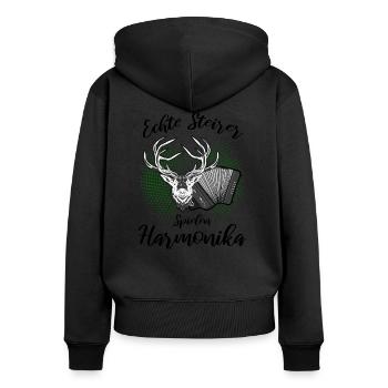 Echte Steirer spielen Harmonika Hirsch Steirische - Frauen Premium Bio Zip Hoodie - Schwarz - Hinten - Julia (174cm)