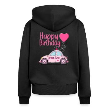 Joyeux anniversaire Police Rose - Sweat à capuche zippé Premium bio Femme - noir - Dos - Julia (174cm)