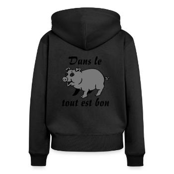 bon cochon - Sweat à capuche zippé Premium bio Femme - noir - Dos - Julia (174cm)