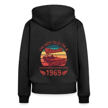 Ich bin nicht alt, ich bin ein Klassiker - Frauen Premium Bio Zip Hoodie - Schwarz - Hinten - Julia (174cm)