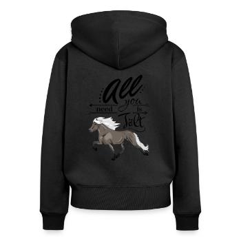 Rappwindfarben Isländer: All you need is Tölt - Frauen Premium Bio Zip Hoodie - Schwarz - Hinten - Julia (174cm)