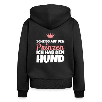 Spruch: Scheiss auf den Prinzen, ich hab den Hund! - Frauen Premium Bio Zip Hoodie - Schwarz - Hinten - Julia (174cm)