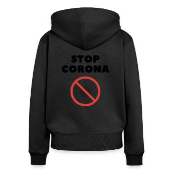 STOP CORONA - Sweat à capuche zippé Premium bio Femme - noir - Dos - Julia (174cm)