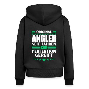 Zur Perfektion gereifter Angler - Frauen Premium Bio Zip Hoodie - Schwarz - Hinten - Julia (174cm)