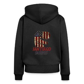 Patriotique Santiago Dinosaure Santiagosaurus - Sweat à capuche zippé Premium bio Femme - noir - Dos - Julia (174cm)