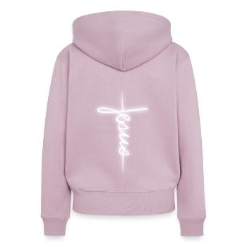 JESUS KREUZ UNTERSCHRIFT - Frauen Premium Bio Zip Hoodie - Altrosa - Hinten - Julia (174cm)