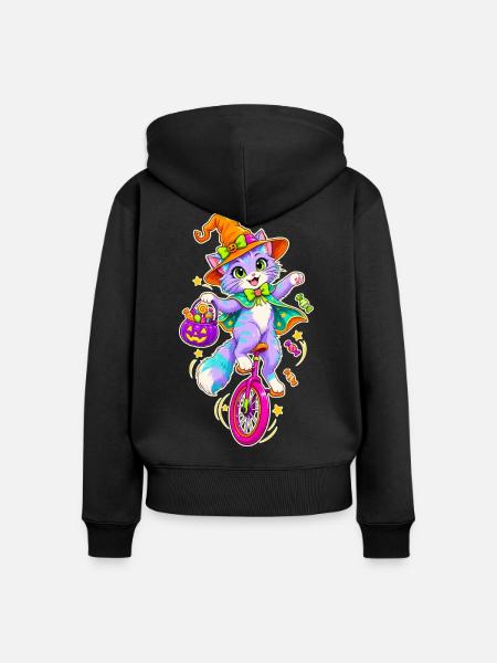 Halloween-Kätzchen auf Einrad - Frauen Premium Bio Zip Hoodie - Schwarz