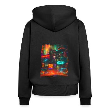 Cool Japanese World Japan Neon City - Frauen Premium Bio Zip Hoodie - Schwarz - Hinten - Julia (174cm)