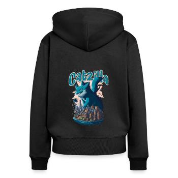 Catzilla Unleashed Funny Cartoon-Style Feline - Frauen Premium Bio Zip Hoodie - Schwarz - Hinten - Julia (174cm)