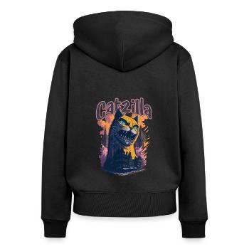 Catzilla Unleashed Funny Cartoon-Style Feline - Frauen Premium Bio Zip Hoodie - Schwarz - Hinten - Julia (174cm)
