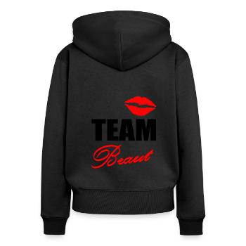 JGA - Frauen Premium Bio Zip Hoodie - Schwarz - Hinten - Julia (174cm)