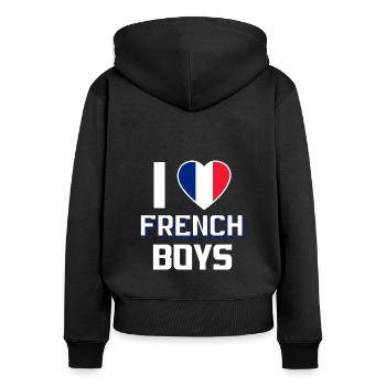J’aime les garçons français Nationalité France - Sweat à capuche zippé Premium bio Femme - noir - Dos - Julia (174cm)