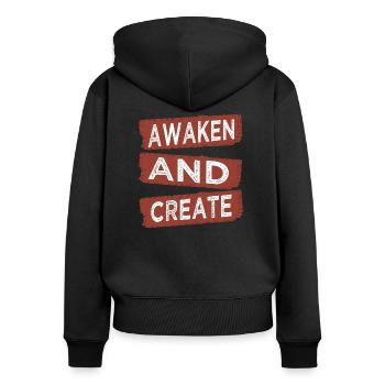present fostering creativity humor - Frauen Premium Bio Zip Hoodie - Schwarz - Hinten - Julia (174cm)