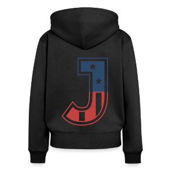 Brief J USA - Frauen Premium Bio Zip Hoodie - Schwarz - Hinten - Julia (174cm)