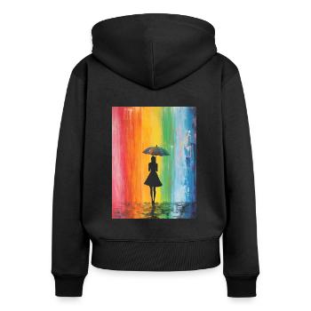 Regenbogen Banksy Style - Frau mit Regenschirm - Frauen Premium Bio Zip Hoodie - Schwarz - Hinten - Julia (174cm)