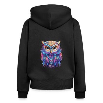 Luminous Nocturne: Holographic Owl Splendor - Women's Premium Organic Zip Hoodie - black - Back - Julia (174cm)