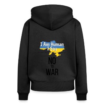 I am human I say no to war - Frauen Premium Bio Zip Hoodie - Schwarz - Hinten - Julia (174cm)