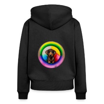 Dackel im Regenbogendesign - Frauen Premium Bio Zip Hoodie - Schwarz - Hinten - Julia (174cm)