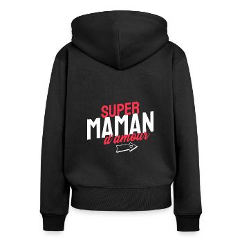 Super maman d'amour. Fête des mères - Sweat à capuche zippé Premium bio Femme - noir - Dos - Julia (174cm)