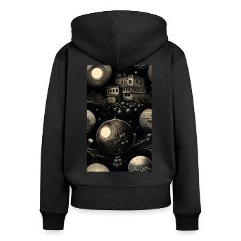 Maison géométrique sombre et abstraite - Sweat à capuche zippé Premium bio Femme - noir - Dos - Julia (174cm)