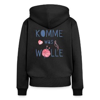 Komme was Wolle - Frauen Premium Bio Zip Hoodie - Schwarz - Hinten - Julia (174cm)