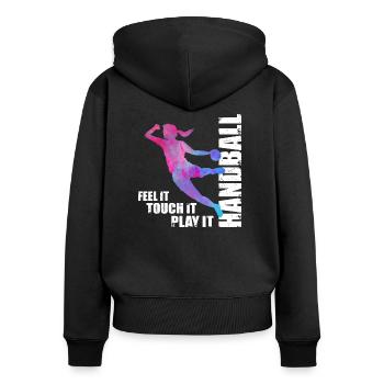 Frauen und Mädchen Handball Geschenkidee - Frauen Premium Bio Zip Hoodie - Schwarz - Hinten - Julia (174cm)