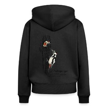 Grand pic tacheté - Sweat à capuche zippé Premium bio Femme - noir - Dos - Julia (174cm)