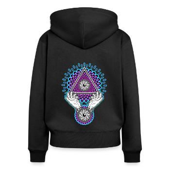 Neon Illuminati Pyramide 23 mit Aura, Schwarzlicht - Frauen Premium Bio Zip Hoodie - Schwarz - Hinten - Julia (174cm)