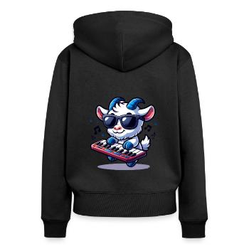 Cute goat playing keyboard on farm - Women's Premium Organic Zip Hoodie - black - Back - Julia (174cm)