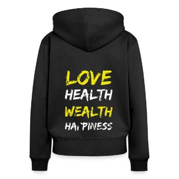 love health wealth happiness - Women's Premium Organic Zip Hoodie - black - Back - Julia (174cm)